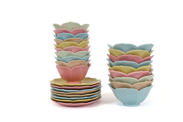 Mid Century Modern Lotus Plates and Bowls in Pastel Colors - Set of 27