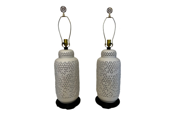 Pair of Mid Century Blanc de Chine Reticulated Ginger Jar Ceramic Table Lamps