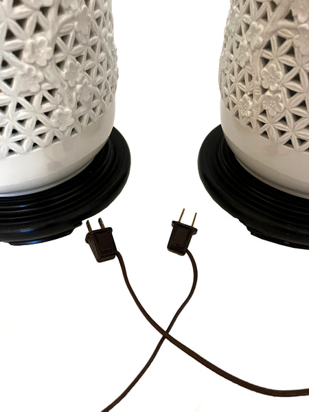 Pair of Mid Century Blanc de Chine Reticulated Ginger Jar Ceramic Table Lamps
