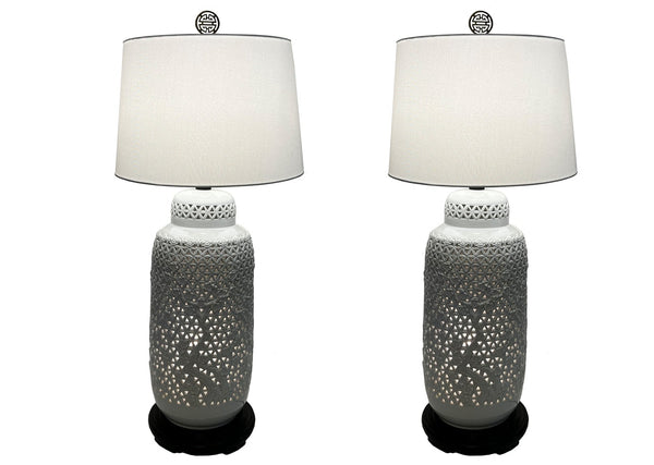 Pair of Mid Century Blanc de Chine Reticulated Ginger Jar Ceramic Table Lamps