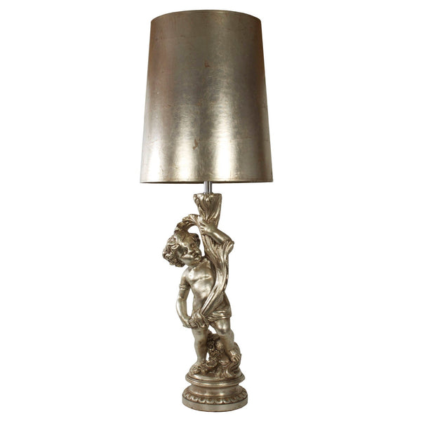 Hollywood Regency 52" Tall Table Lamp with Cherub Base in Antique Silver Leaf Vintage 1970's