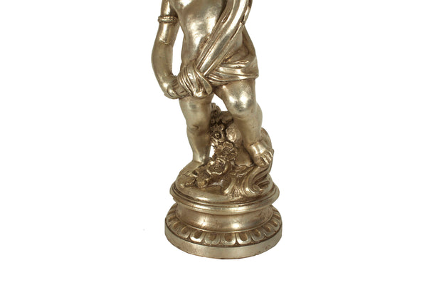 Hollywood Regency 52" Tall Table Lamp with Cherub Base in Antique Silver Leaf Vintage 1970's