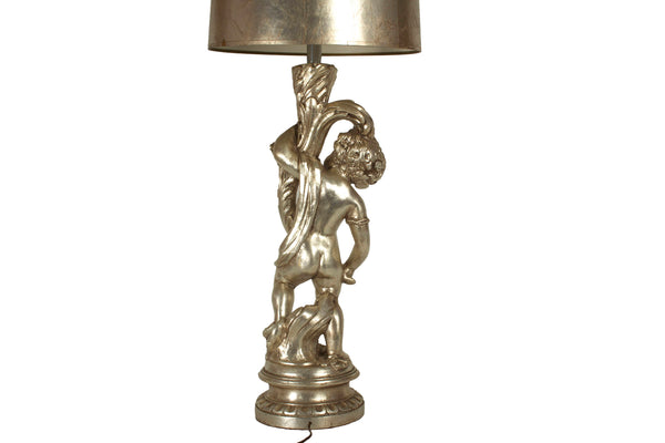 Hollywood Regency 52" Tall Table Lamp with Cherub Base in Antique Silver Leaf Vintage 1970's