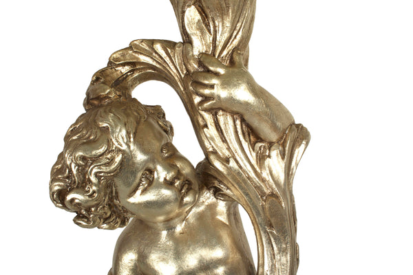 Hollywood Regency 52" Tall Table Lamp with Cherub Base in Antique Silver Leaf Vintage 1970's