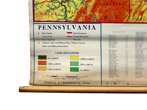 Vintage School Pull-Down Map of Pennsylvania by Nystrom - 1950's-1960's
