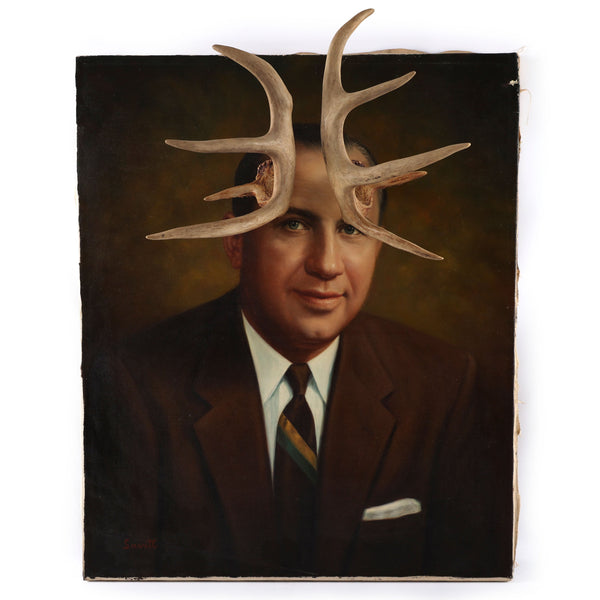 Deer John, You Have Antlers - Vintage Altered Art - Portrait Painting - Original Oil Painting