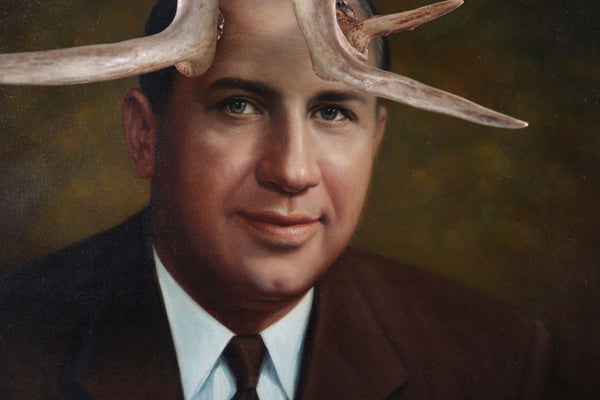 Deer John, You Have Antlers - Vintage Altered Art - Portrait Painting - Original Oil Painting