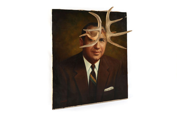 Deer John, You Have Antlers - Vintage Altered Art - Portrait Painting - Original Oil Painting