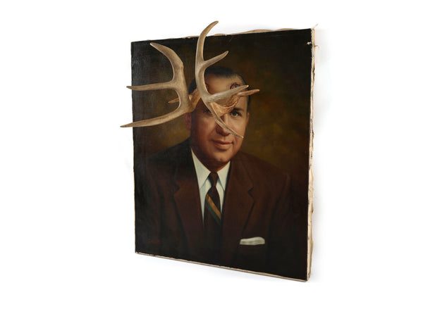 Deer John, You Have Antlers - Vintage Altered Art - Portrait Painting - Original Oil Painting