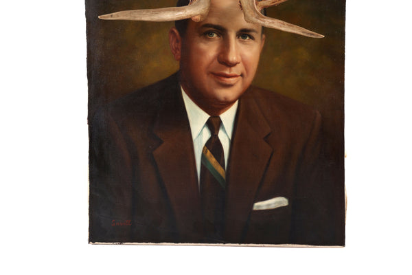 Deer John, You Have Antlers - Vintage Altered Art - Portrait Painting - Original Oil Painting