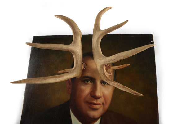 Deer John, You Have Antlers - Vintage Altered Art - Portrait Painting - Original Oil Painting