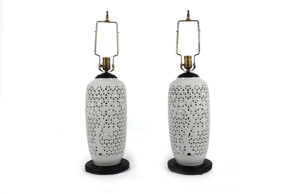 Vintage Reticulated Blanc De Chine Table Lamps, a Pair