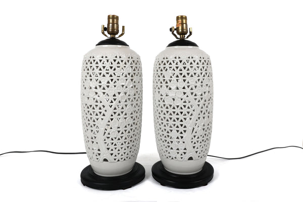 Vintage Reticulated Blanc De Chine Table Lamps, a Pair
