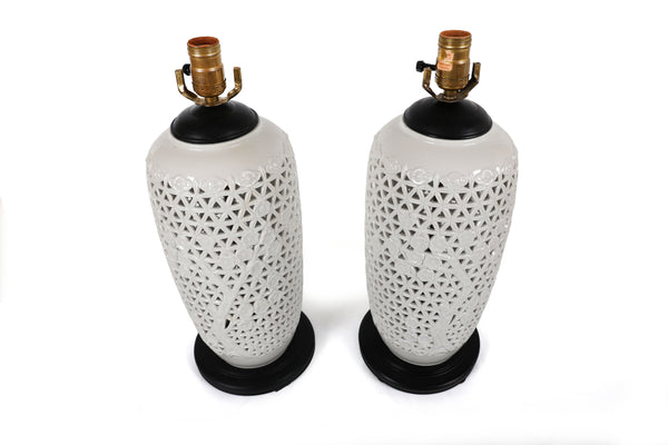 Vintage Reticulated Blanc De Chine Table Lamps, a Pair