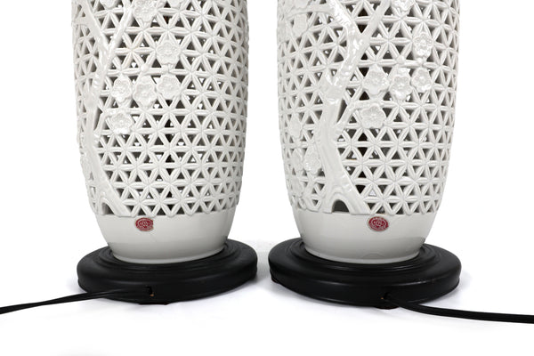 Vintage Reticulated Blanc De Chine Table Lamps, a Pair
