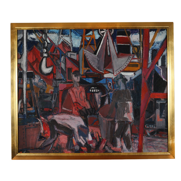 Mid Century Modernist Mechanical Painting on Canvas of the Port of Caen, France
