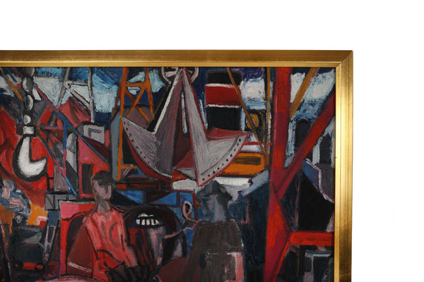Mid Century Modernist Mechanical Painting on Canvas of the Port of Caen, France
