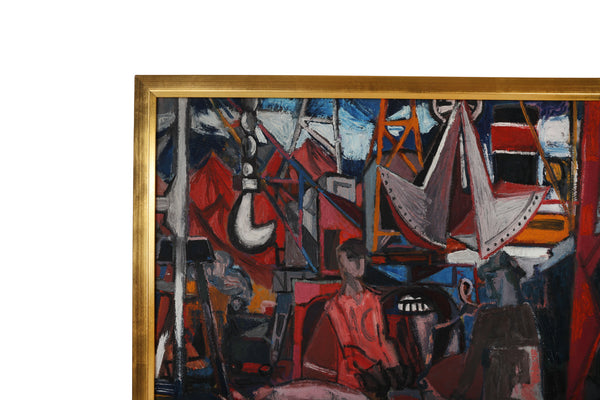 Mid Century Modernist Mechanical Painting on Canvas of the Port of Caen, France