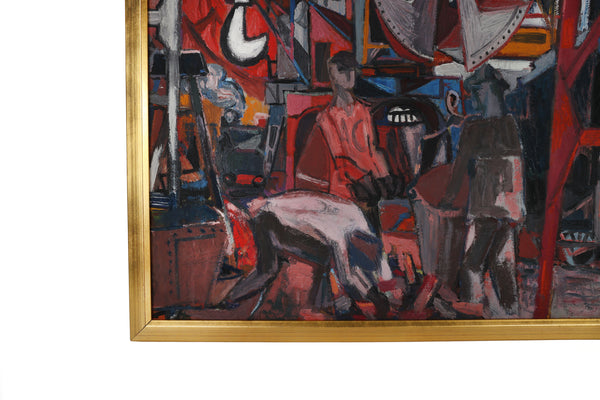 Mid Century Modernist Mechanical Painting on Canvas of the Port of Caen, France