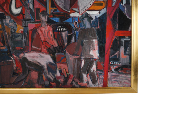 Mid Century Modernist Mechanical Painting on Canvas of the Port of Caen, France