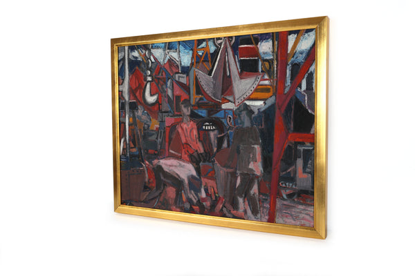 Mid Century Modernist Mechanical Painting on Canvas of the Port of Caen, France