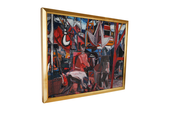 Mid Century Modernist Mechanical Painting on Canvas of the Port of Caen, France