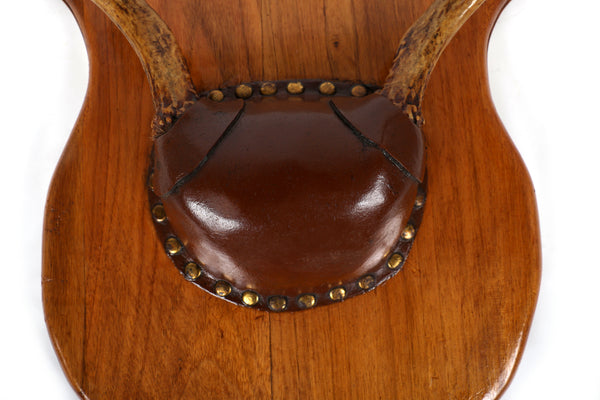 Set of 4 Vintage Mounted Deer Antlers with Leather and Brass Tacks