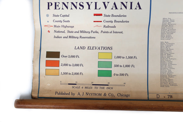 Vintage School Pull-Down Map of Pennsylvania by Nystrom - 1950's-1960's
