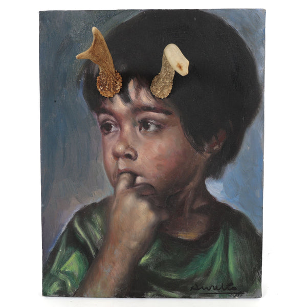 Deer Little Boy, You Have Antlers - Vintage Altered Art - Portrait Painting - Original Oil Painting