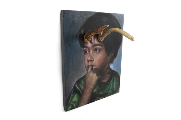 Deer Little Boy, You Have Antlers - Vintage Altered Art - Portrait Painting - Original Oil Painting