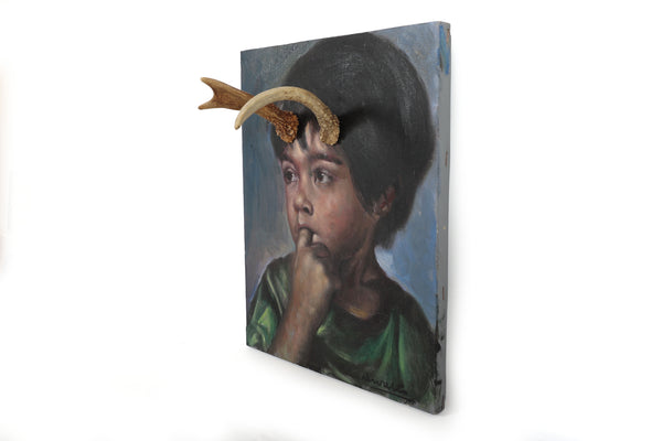 Deer Little Boy, You Have Antlers - Vintage Altered Art - Portrait Painting - Original Oil Painting