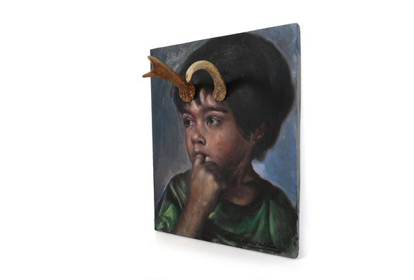 Deer Little Boy, You Have Antlers - Vintage Altered Art - Portrait Painting - Original Oil Painting