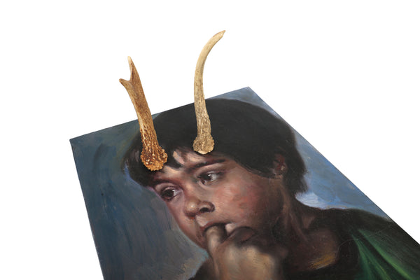 Deer Little Boy, You Have Antlers - Vintage Altered Art - Portrait Painting - Original Oil Painting