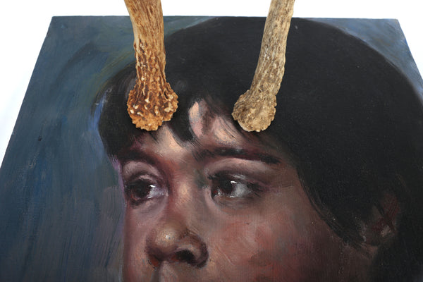 Deer Little Boy, You Have Antlers - Vintage Altered Art - Portrait Painting - Original Oil Painting