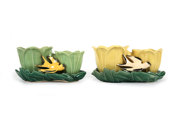 Set of 2 Vintage McCoy Planters - Birds and Tulips Double Planters