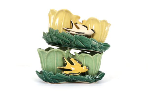 Set of 2 Vintage McCoy Planters - Birds and Tulips Double Planters