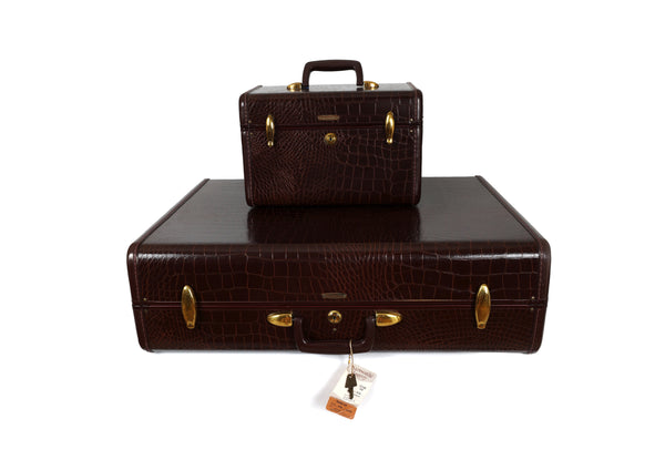 Rare Pristine 1950's New with Tags Samsonite Suitcase Pair by Shwayder Brothers - Pullman and Train Case in Faux Alligator