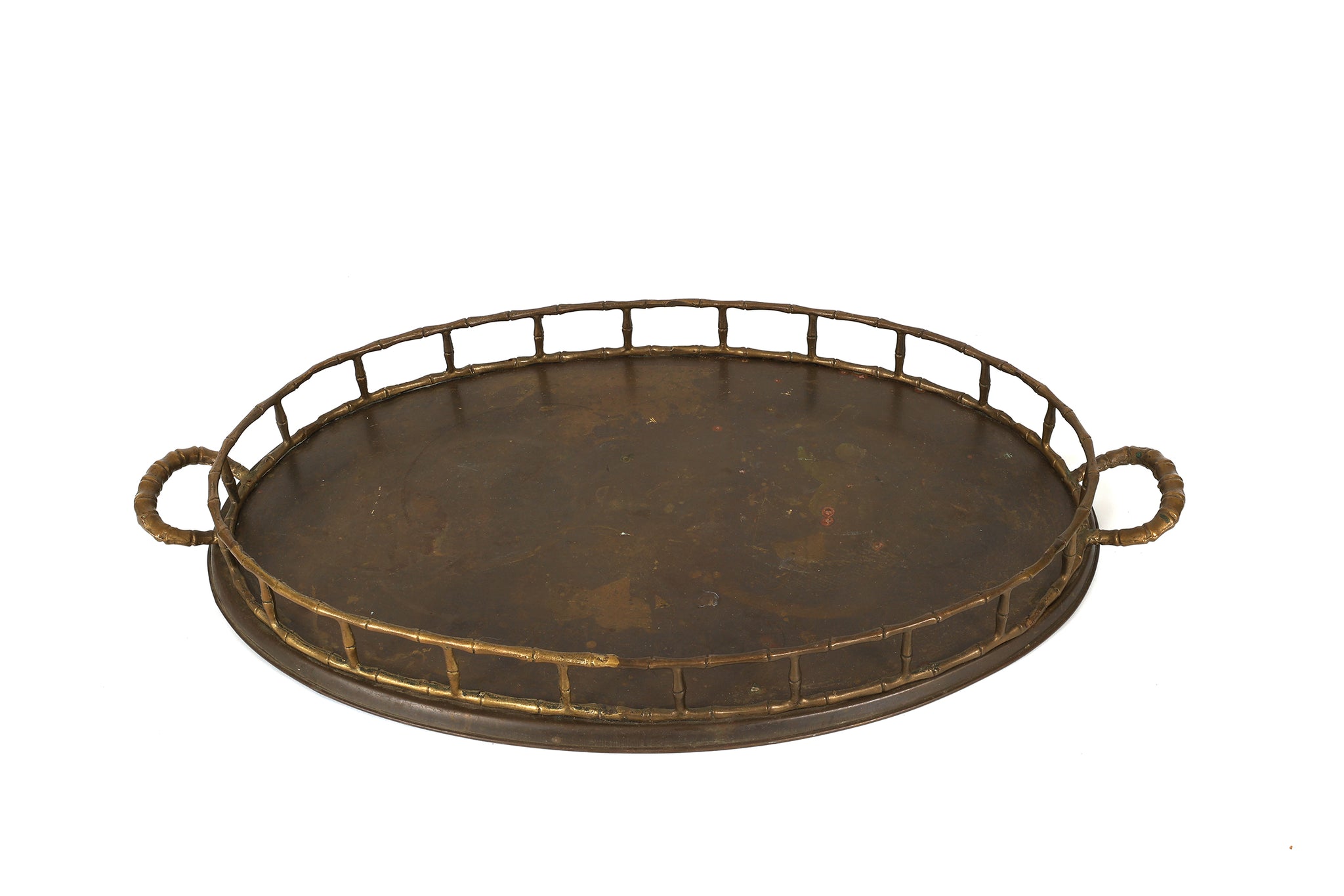 Large Vintage Oval Brass Serving Tray with Bamboo Accents