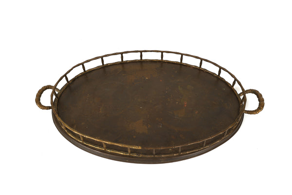 Large Vintage Oval Brass Serving Tray with Bamboo Accents