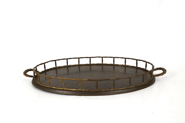 Large Vintage Oval Brass Serving Tray with Bamboo Accents