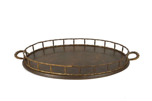 Large Vintage Oval Brass Serving Tray with Bamboo Accents