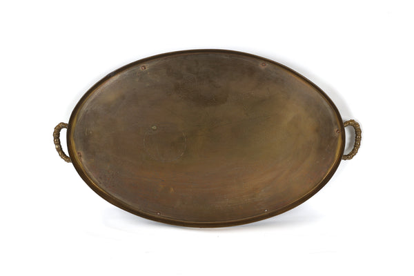 Large Vintage Oval Brass Serving Tray with Bamboo Accents