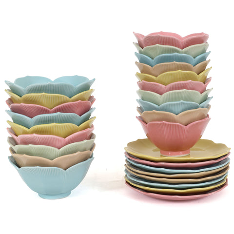 Mid Century Modern Lotus Plates and Bowls in Pastel Colors - Set of 27