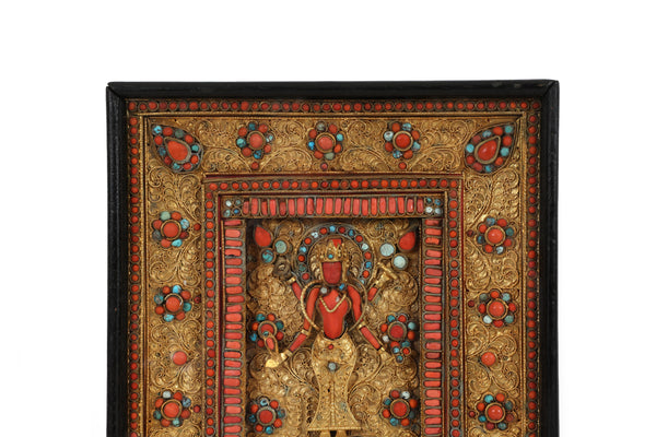 Nepalese Gilt Filigree Plaque With Coral and Turquoise Inlay Deity Art