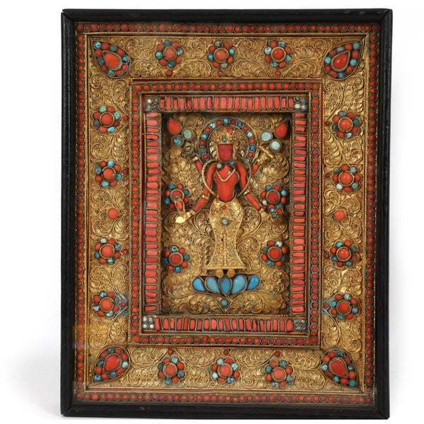 Nepalese Gilt Filigree Plaque With Coral and Turquoise Inlay Deity Art