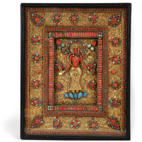 Nepalese Gilt Filigree Plaque With Coral and Turquoise Inlay Deity Art