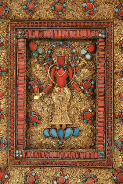 Nepalese Gilt Filigree Plaque With Coral and Turquoise Inlay Deity Art