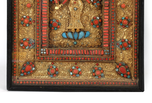 Nepalese Gilt Filigree Plaque With Coral and Turquoise Inlay Deity Art