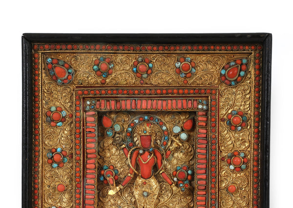 Nepalese Gilt Filigree Plaque With Coral and Turquoise Inlay Deity Art