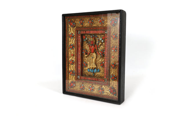 Nepalese Gilt Filigree Plaque With Coral and Turquoise Inlay Deity Art